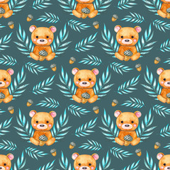 Watercolor forest wildlife seamless pattern with animals and herbs. Cute cartoon bear characters.