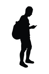 Young man with backpack silhouette vector