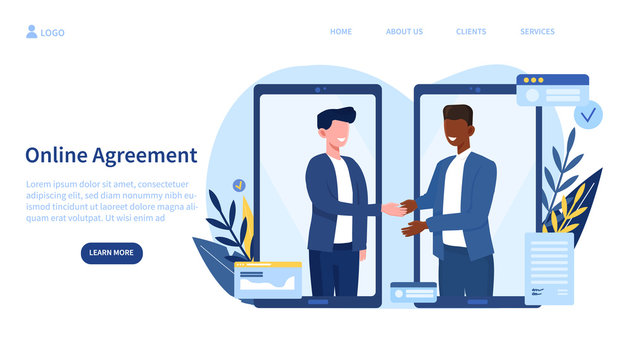 Illustrated online agreement concept with men shaking hands through smart phones. Vector illustration