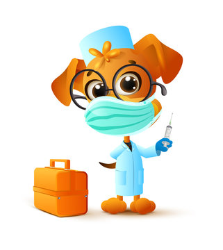 Dog doctor in medical mask holds syringe. Coronavirus protection medical mask