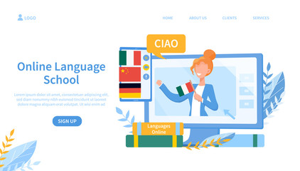 Illustrated online language school theme and teacher on screen. Vector illustration