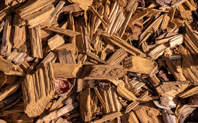 Shredded wood chips, timber sawdust material pieces pile, gardening mulch