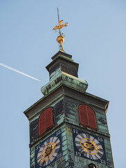 Medieval clock tower at town hall building in Ljubljana city Slovenia