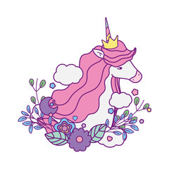 unicorn horse cartoon with flowers and clouds vector design