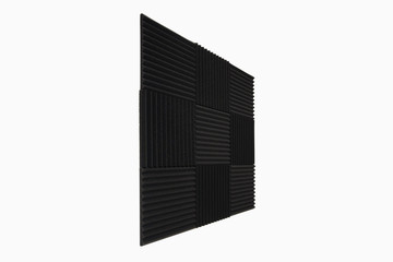 Black acoustic foam tiles in square pattern on white wall. Perspective shot.