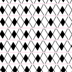 White with black diamond shapes and pink stripes seamless pattern background design.