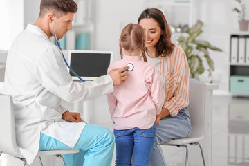 Woman with little daughter visiting pediatrician in clinic