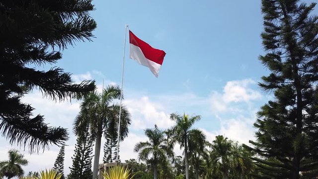 Indonesia flag with clear blue sky and tropical forest background