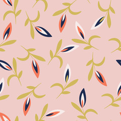 Pink with whimsical white, red and classic blue flower buds seamless pattern background design.