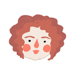 Hand drawn flat vector young woman head, Female with red short curly hair cartoon portrait. European Woman face illustration. Element for t shirt print, card, posters social media avatar