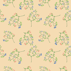 Hand drawn decorative seamless pattern with gentle flowers. Floral bouquet vector pattern with small flowers and leaves. Plants ornament for textile, fabric, print, wallpaper, wrap paper