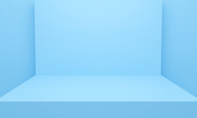 Abstract empty blue podium stand background with geometric shape for presentation, exhibition, showcase and display. stage show floor. 3D rendering design. Minimal mockup with podium scene concept.