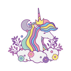 unicorn horse cartoon with flowers and clouds vector design