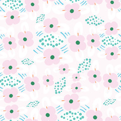 Light pink with pink flowers and teal dots seamless pattern background design.