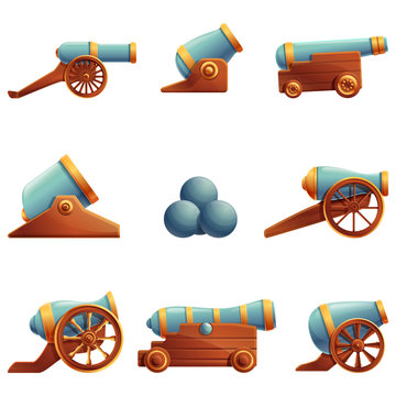 Set of cartoon old cannons, vector illustration