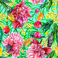 Fototapeta na wymiar Bright watercolor tulips and peony flowers. Seamless pattern. Spring and summer design for textile, fabric, wallpaper, background, packaging, wrapping paper, covers.
