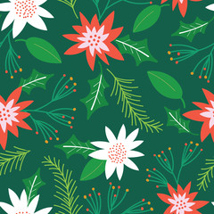 Christmas green with poinsettia flowers and green leaves seamless pattern background design.