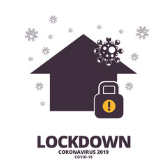 Naklejka premium House, padlock with exclamation mark and coronavirus on the roof in white color background. Lockdown coronavirus text in the bottom. Corona virus quarantine, lockdown to prevent spread of COVID-19.