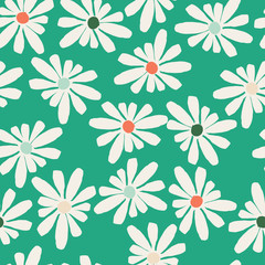 Green with creamy white simple daisy like florals seamless pattern background design.