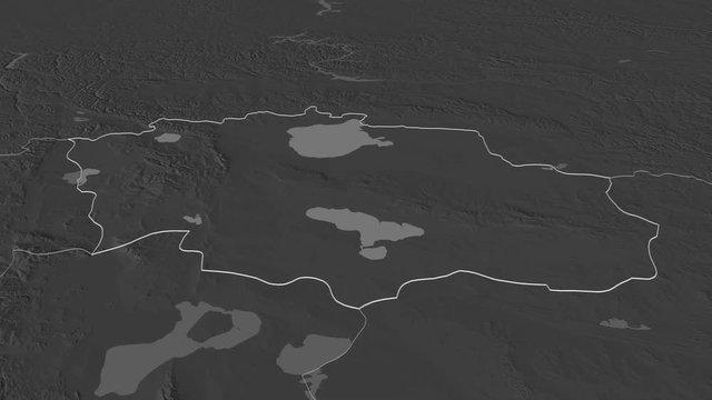 Uvs, province with its capital, zoomed and extruded on the bilevel map of Mongolia in the conformal Stereographic projection. Animation 3D