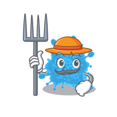 Cartoon character design of andecovirus as a Farmer with hat and pitchfork