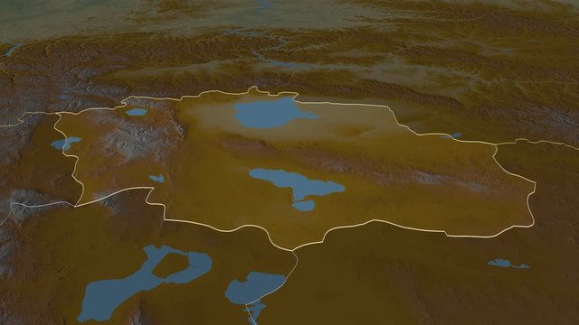 Uvs, province with its capital, zoomed and extruded on the relief map of Mongolia in the conformal Stereographic projection. Animation 3D