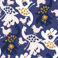 Dark blue with Large birds with flowers seamless pattern background design.