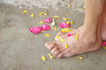 Closeup old people feet which wet because younger people pouring water mixed with perfume and many...