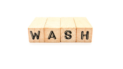 Wooden Text Block of "WASH" on Isolated Background