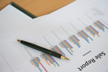 Graphs, charts and pen, business on table.