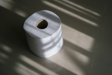 One roll of toilet paper with sunlight from the balcony. Toilet rolls become precious during the coronavirus season.
