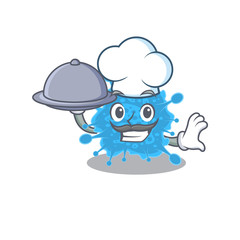 Andecovirus chef cartoon character serving food on tray
