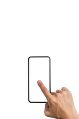 Close up of a man using his finger to touch the screen of the mobile phone in isolated white background vertical shots. Mobile phone isolated white screen.