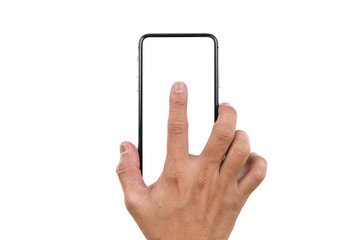 Close up of a man holding the phone and using his finger to touch the screen of the mobile phone in isolated white background horizontal shots. Mobile phone isolated white screen.