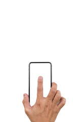 Close up of a man holding the phone and using his finger to touch the screen of the mobile phone in isolated white background vertical shots. Mobile phone isolated white screen.
