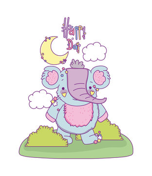 Cute elephant cartoon with moon clouds and shrubs vector design
