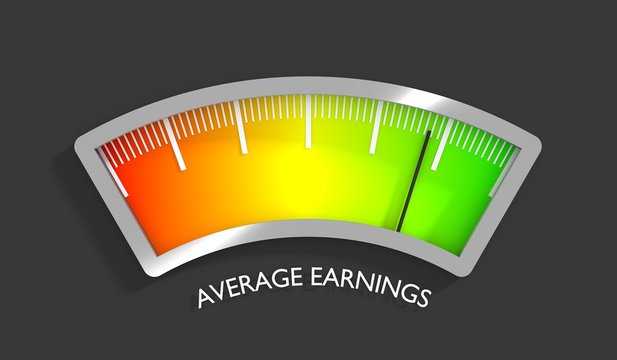 Level scale with arrow. The average earnings measuring device. Sign tachometer, speedometer, indicator. Infographic gauge element. 3D rendering