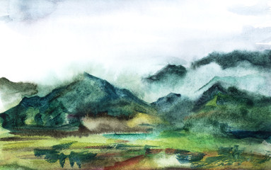 Romantic summer landscape of green mountain chain among fluffy and thick fog of clouds. Hand drawn watercolor illustration of serene view. Brush stroke sketch of high peaks and cloudscape