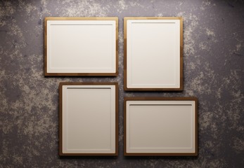 Four empty frames on a concrete wall. Templates for photos and inscriptions. Interior with frames for family photos. 3D rendering.