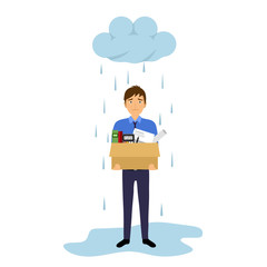 Businessman leaving job vector illustration on white background. Fired office worker in flat design. Employee firing concept. Company staff holding stuff under cloud and rain.