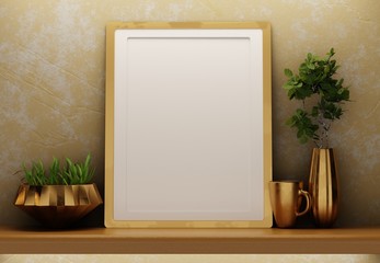 An empty frame on the shelf with flowers. Golden trim. Template of a frame for photos. Empty poster for lettering. 3D rendering.