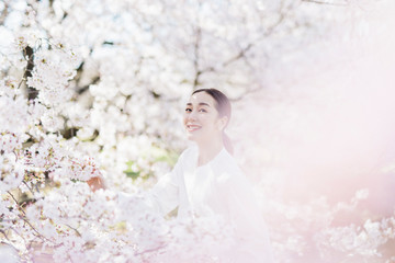 満開の桜と東洋美を備えた女性