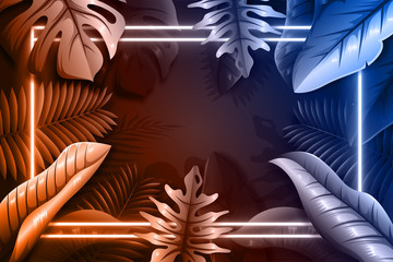 Realistic leaves with neon frame wallpaper style
