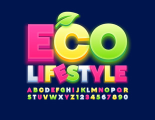 Vector label Eco Lifestyle with decorative Leaf. Glowing bright Font. Colorful Alphabet Letters and Numbers