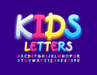 Vector Kids Alphabet. Creative bright Letters and Numbers. Glowing Colorful Font