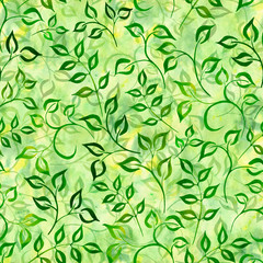 Watercolor green leaves on a yellow-green background with splashes, drops. Seamless pattern. Hand-painted texture. Watercolor stock illustration. Design for backgrounds, wallpapers, textile, covers.