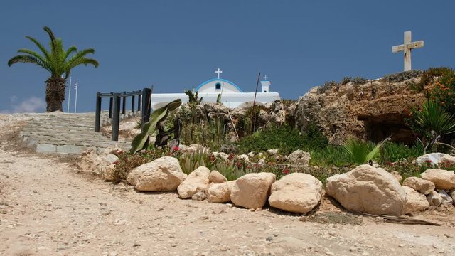 The Ayia Thekla Chapel on the rocky seashore above the sea. Ayia Napa. Cyprus