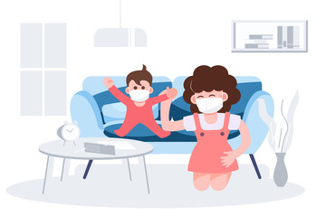 Happy mother day concept. Mother play with kid wearing masks staying home teach home school. Coronavirus outbreak covid-19 pandemic. Health care and medical vector.