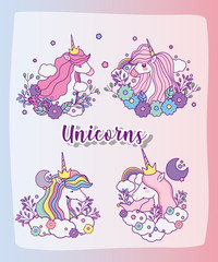unicorns cartoons set vector design