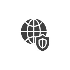 Global network security vector icon. filled flat sign for mobile concept and web design. Globe and shield glyph icon. Symbol, logo illustration. Vector graphics